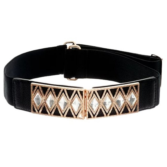 Susan Graver  stretch belt elastic adjustable ornate buckle black gold S/M EUC Susan Graver Faux Patent Leather Quilted Belt - QVC.com main image 2